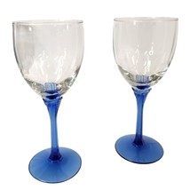 Vintage Set of 2 Libbey Domaine Blue Stemmed Wine Glasses 8oz Clear Glas... - $37.40