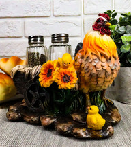 Farm Hay Wagon Sunflower Mother Hen &amp; Chicks Salt Pepper Shakers Holder Figurine - £21.57 GBP