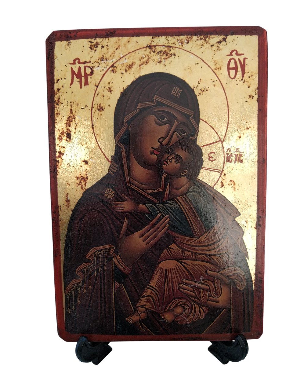 True Byzantine icon on gold leaf, Holy Mary and Jesus child - $21.50