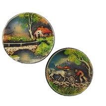 Folk Art Terracotta Wall Plate Red Clay Pottery Landscape Scene Hand Painted - £17.92 GBP