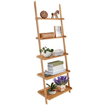 5-Tier Ladder Shelf Bamboo Bookshelf Wall-Leaning Storage Display Plant Stand-N - £95.81 GBP