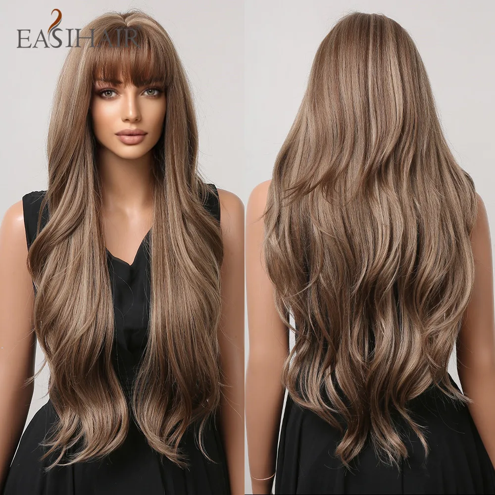 EASIHAIR Brown Mixed Blonde Synthetic Wigs with Bang Long Natural Wavy Hair W - £22.59 GBP+