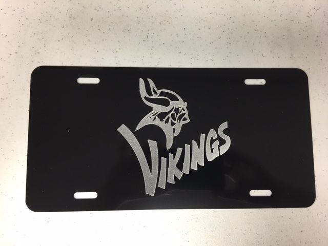 Spartanburg Vikings Logo Car Tag Diamond Etched on Black Aluminum License Plate