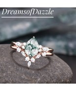 Pear Moss Agate Engagement Ring Set Sterling Silver Wedding Band Ring Fo... - $123.00