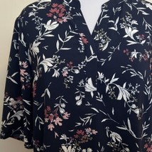 Hilary Radley Top Size XL Navy Blue Pink Floral Split Neck Half Sleeve Blouse - £26.47 GBP