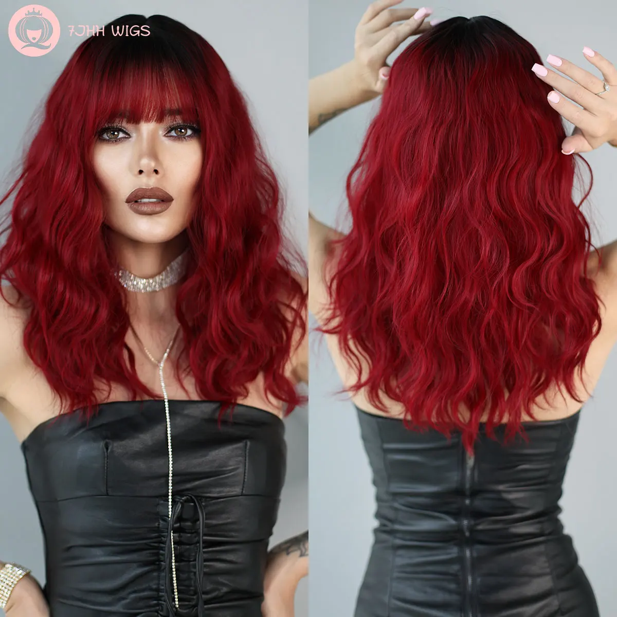 7JHH WIGS Dark Red Wigs for Women Burgundy Wavy Wig with Bangs Colorf - £14.12 GBP+