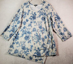 Sami &amp; Jo Blouse Top Womens 2X Tan Blue Floral Polyester Long Sleeve Round Neck - £11.89 GBP