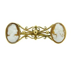 9k Yellow Gold Pin with Pair of Shell Genuine Natural Cameos (#J335) - £232.60 GBP