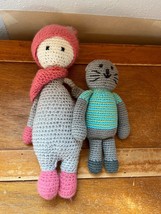 Lot of Hand Crocheted Gray &amp; Pink Floppy Girl Doll &amp; Pebble Gray Kitty Cat Stuff - £8.87 GBP