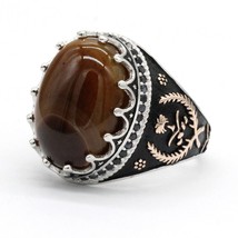 925 Sterling Silver Islamic Men Ring with Oval Natural Stone Rings for Male Wome - £38.92 GBP