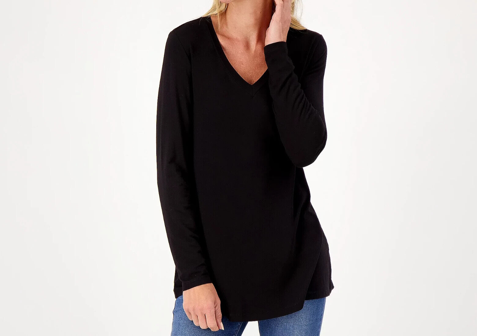 Primary image for Susan Graver Lifestyle Spa Knit V-Neck Long Sleeve A-Line Tunic- Black, LARGE
