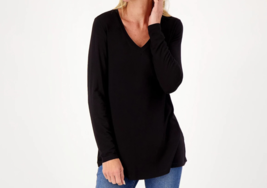 Susan Graver Lifestyle Spa Knit V-Neck Long Sleeve A-Line Tunic- Black, LARGE - £16.59 GBP