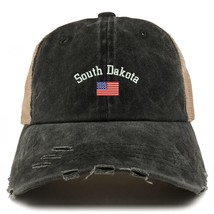 Trendy Apparel Shop South Dakota USA Flag Frayed Bill Trucker Mesh Back Cap - Bl - £15.97 GBP