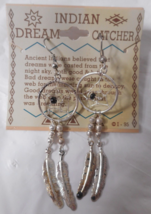 Dream Catcher Earrings Silver Tone Black Bead Feather Pierced Vintage Web (READ) - £7.02 GBP