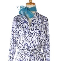Vintage 80s Blue &amp; White Elastic Waist Blair Dress w Scarf Size M 14P - ... - £23.43 GBP