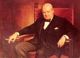 art Oil painting male portrait Sir Winston Churchill smoking in chair 36&quot; - $65.44