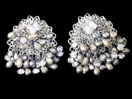 Vintage RETRO Rhinestone Pearls Jiggly Disc Button Clip Earrings 1950S - $27.80