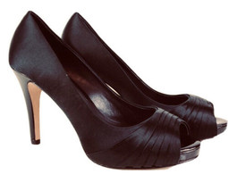 White House Black Market LONDON Pleated Satin Heels black Open Toe Size 7.5 - $18.58