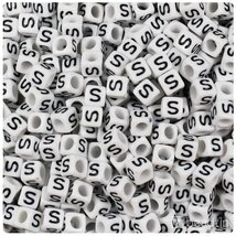 BeadTin White Opaque 6mm Cube Plastic Alphabet Beads- Black Letter S (80... - $2.09