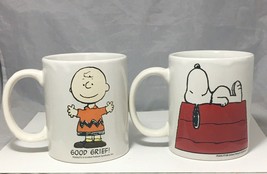 Peanuts 2 mugs Charlie Brown &amp; Snoopy &amp; Woodstock 10 Oz. White coffee te... - £11.67 GBP