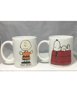 Peanuts 2 mugs Charlie Brown &amp; Snoopy &amp; Woodstock 10 Oz. White coffee te... - £11.67 GBP