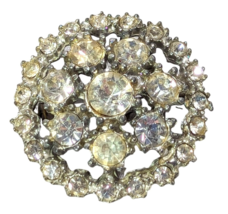 Cluster Brooch Rhinestone Crystal Silver Tone Round Pin Vintage 1950s Je... - $17.50