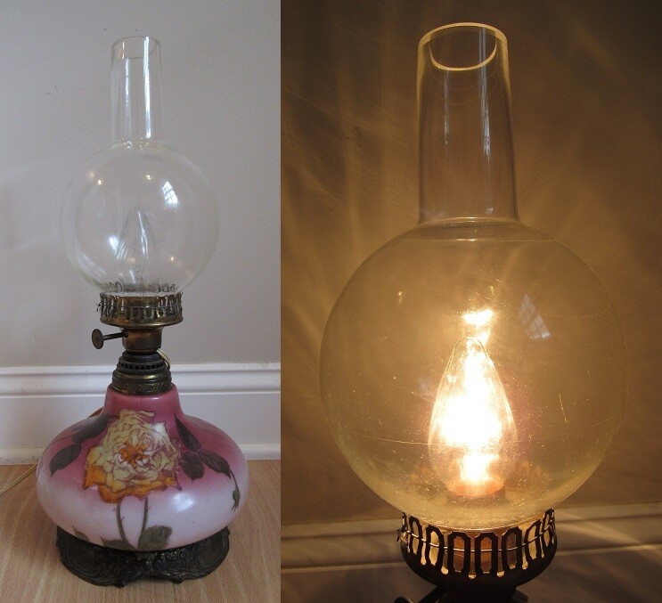 antique Hurricane Lamp oil gwtw Table Flowers 1800&#39;s RARE BALL CHIMNEY - $174.99