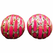Vintage Pierced Earrings Gold Tone Dark Pink Magenta Enamel Round Shaped Fashion - £7.94 GBP
