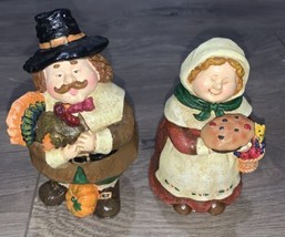 Thanksgiving 2005 Plump Pilgrim W/ Turkey &amp; Wife W/ Pie Resin Figures - $13.88