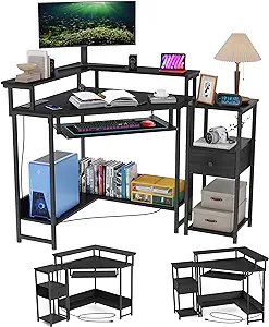 Black Corner Desk With Side Table And Drawer, Gaming Desk With Power Out... - $352.99