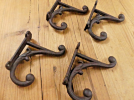 4 BROWN RUSTIC COAT HOOKS ANTIQUE STYLE CAST IRON 4.5&quot; WALL DOUBLE RESTO... - $26.99
