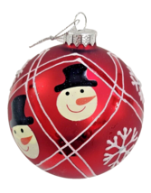 Glass Ball Christmas Ornament 4&quot; Red Snowflake Snowman Heads Vtg Indoor Decor - £13.65 GBP