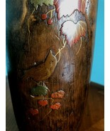 VINTAGE JAPANESE  KIRI WOOD 12&quot;  IKEBANA VASE GOLD RED  MAKIE Bird Leaves - $64.35