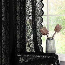 Bujasso Black Sheer Lace Curtains 84 Inch Vintage Floral Sheer Window Curtain - £35.68 GBP
