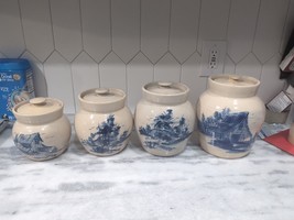 P.R. Storie Pottery Co. Four Canister Set Crock, Vintage Countryside Themed - $123.75