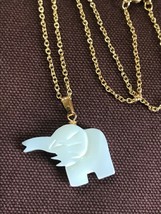 Vintage Goldtone Chain with Carved Mother of Pearl Elephant Pendant Necklace – - £8.85 GBP
