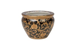 Black and Gold Tapestry Porcelain Chinese Flower Bowl Planter 6” - £39.24 GBP