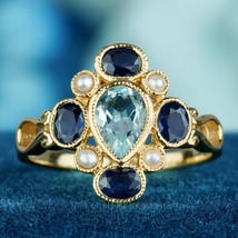 Natural Blue Sapphire Blue Topaz Pearl Vintage Style Cluster Ring in 9K Gold - £439.09 GBP
