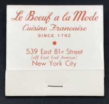Le Boeuf a la Mode French Restaurant NYC New York City Matchbook 30 Unst... - £9.59 GBP
