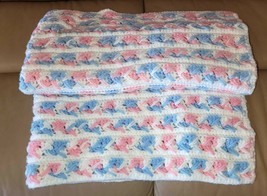 Cozy Soft Handmade Knit Baby Blanket Crib Throw Pink Blue White Cotton 30 x 36 - £15.78 GBP