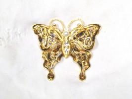 Vintage Gold Tone Butterfly Pin with rhinestone and pearl accent - £9.63 GBP