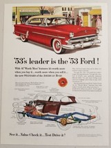 1953 Print Ad The &#39;53 Ford Crestliner 2-Door Two-Tone Red Small Town Scene - £10.03 GBP