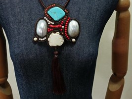 Soutache Necklace Turquoise Blue And Multi-Color Beads - £21.11 GBP