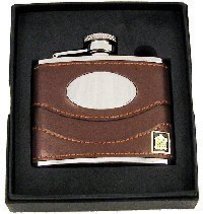Brown Leather 4oz Hip Flask Set with Engravable Plate FL29 - $46.38