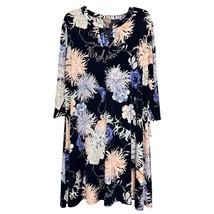 Chicos Womens ALine Dress Black Sz L  Mystical Gardens Floral V Neck Tie Sleeve - £16.59 GBP
