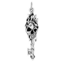 Gothic Key of Death Flaming Skeleton Skull Sterling Silver Pendant - £33.19 GBP