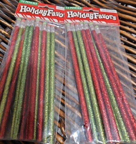 24 Holiday Pencils  Glitter Red And Green Holiday Favors - $8.90