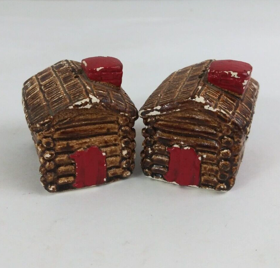 Vintage Chalk Ware Log Cabin 1.75&quot; Salt &amp; Pepper Shakers - $11.87