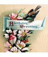 Happy Birthday Greeting Postcard 1910s Pink Flowers Birds Embossed Germa... - €17,46 EUR