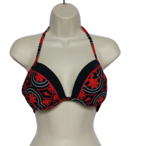 Stylus Halter Bikini Swimsuit Top Med Black Red Geometric Padded Underwire - $21.78
